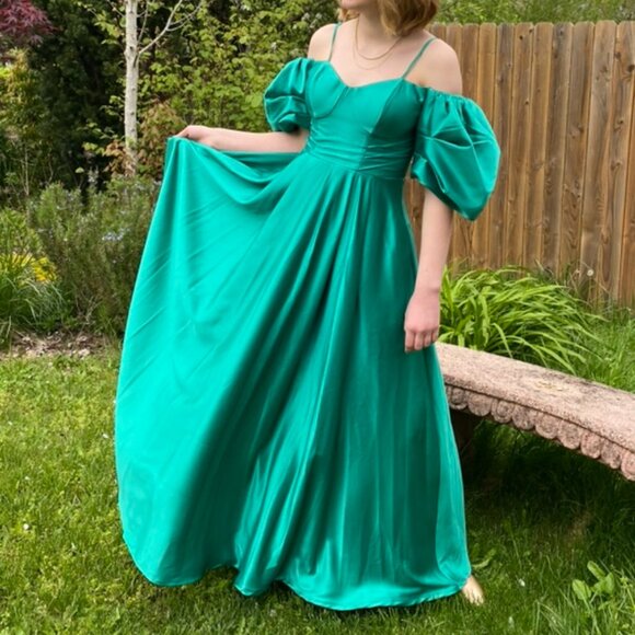 Teal Puff Sleeve Formal Dress - Picture 1 of 10